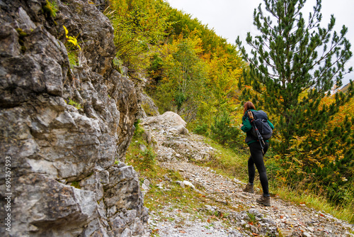 Woman on a Hiking Trail Exploring the Albanian Alps
