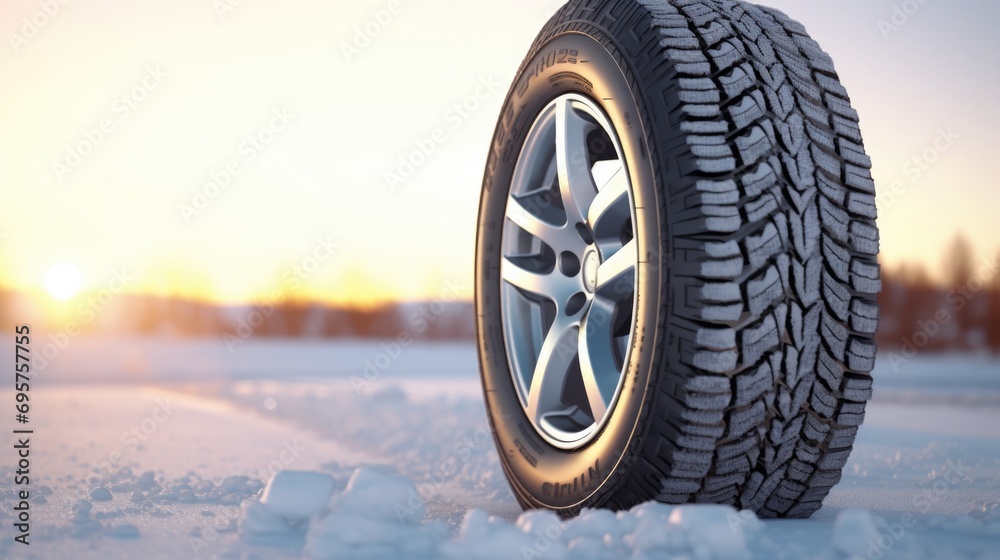 A tire on a snowy road with a beautiful sunset in the background. Perfect for winter driving and scenic landscapes
