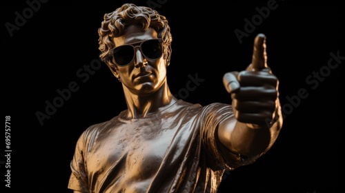 A bronze statue of a man wearing sunglasses and giving a thumbs up. Suitable for various uses