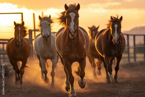 A dynamic image capturing a group of horses running across a dirt field. Perfect for illustrating the beauty and freedom of these majestic animals.