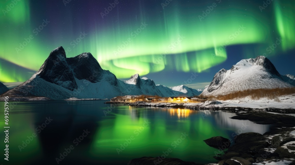Aurora Borealis illuminates the night sky over a majestic mountain range. Perfect for travel and nature-themed designs