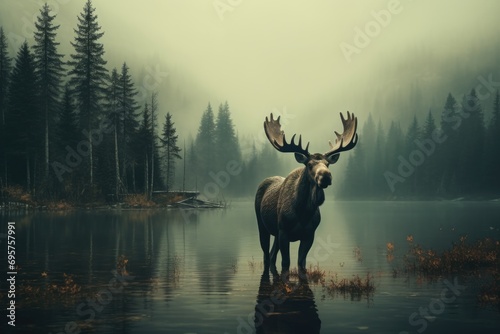 A moose standing in the middle of a lake. Suitable for nature and wildlife themes photo