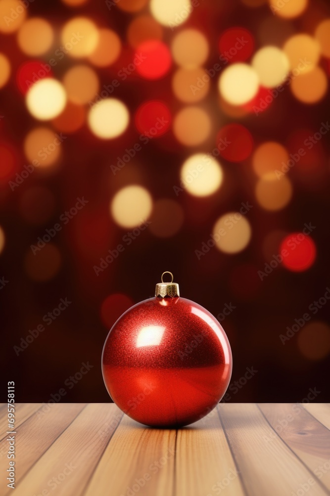 A red Christmas ornament placed on a wooden table. Perfect for holiday decorations and festive themes A red Christmas ornament placed on a wooden table. Perfect for holiday decorations and festive themes