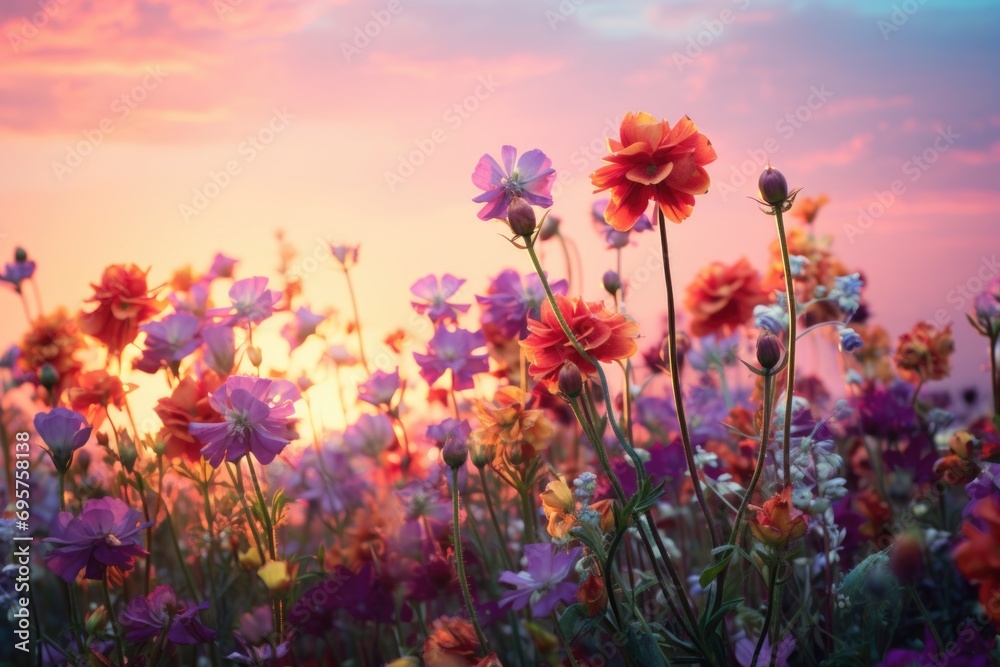 A stunning sunset casts a warm glow over a field of colorful flowers. Perfect for nature and landscape themes