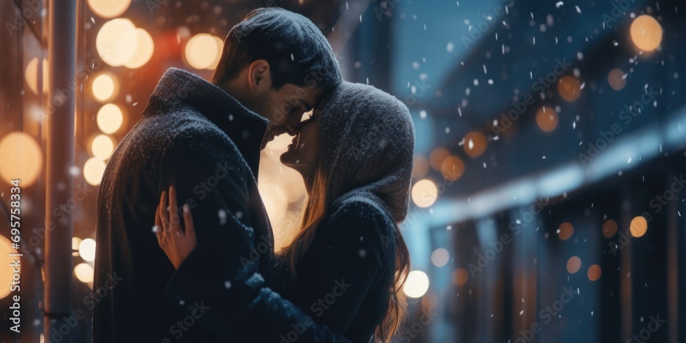 A romantic moment captured in the snow. Perfect for expressing love and affection.