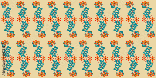 seamless pattern, orange flowers with blue leaves on a pastel colored background