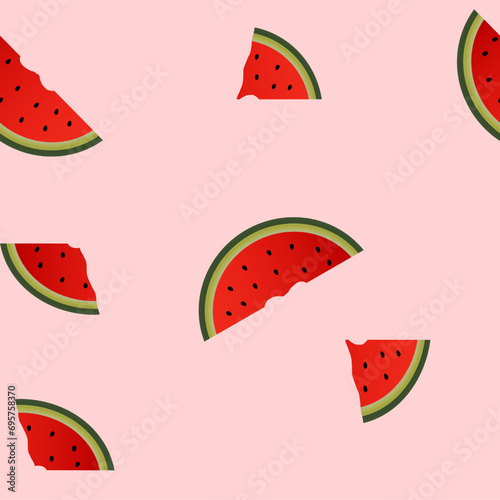 seamless pattern of cuts and slices of fresh red watermelon, green fruit skin on a pink background