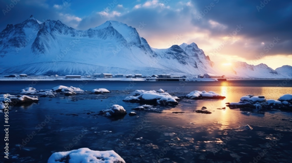 A picturesque view of the sun setting over a beautiful snowy mountain range. This image captures the serene and majestic beauty of nature. Ideal for travel and adventure-related projects
