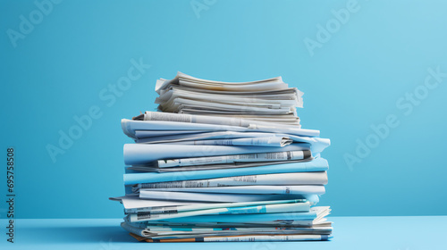 Pile of newspapers on pastel blue background