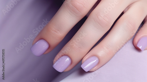 Close up beautiful woman nails purple color. Skin care