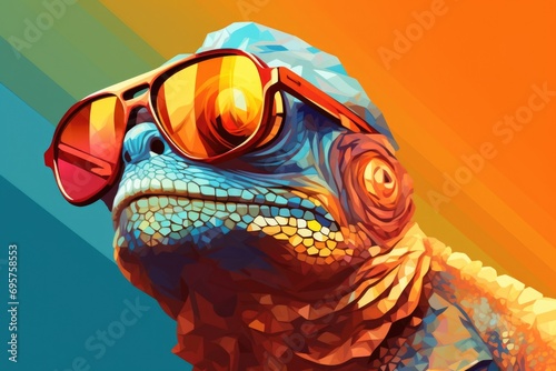 A lizard wearing sunglasses is pictured on a colorful background. This image can be used to add a playful touch to various design projects © Fotograf