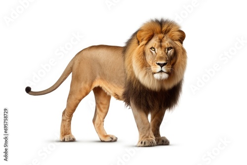A lion standing confidently in front of a plain white background. This image can be used to depict strength  power  or wildlife themes