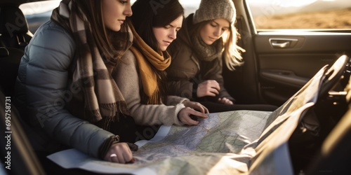 Three women sitting in a car, examining a map. Perfect for travel planning or road trip concepts