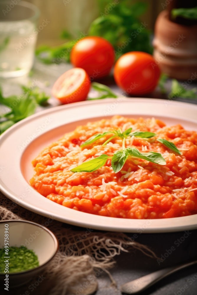 A delicious plate of risotto with tomatoes and parsley. Perfect for food blogs, recipe websites, or restaurant menus A delicious plate of risotto with tomatoes and parsley. Perfect for food blogs, recipe websites, or restaurant menus