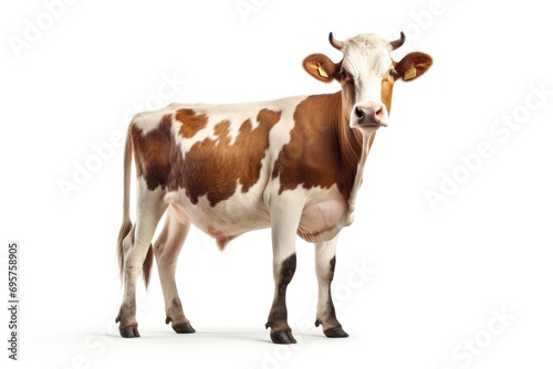 A brown and white cow standing on a white surface. Suitable for farm or agricultural concepts