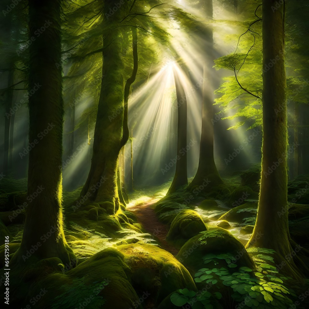 Lovely sunlight beams on a forest