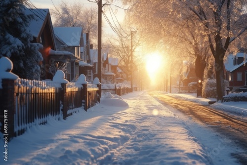 A picturesque snowy street with the sun setting in the background. Ideal for winter-themed projects and holiday designs © Fotograf