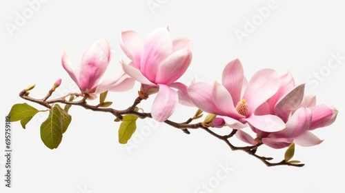 Two pink flowers on a branch against a white background. Suitable for various floral or nature-themed designs © Fotograf
