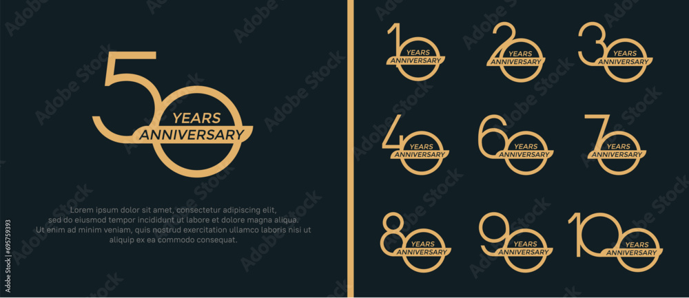 set of anniversary logo flat golden color and ribbon on black background for celebration moment - obrazy, fototapety, plakaty 