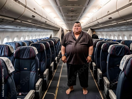 Conceptual Sumo Wrestler in Black Pajamas Looking at Camera in An Airplane Cabin Illustration