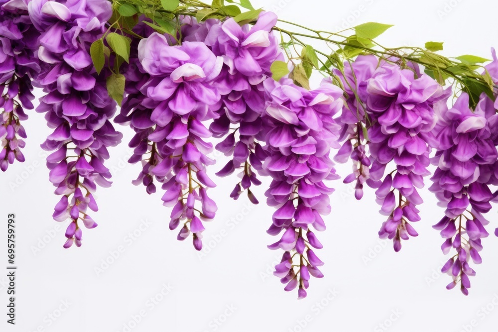 A beautiful bunch of purple flowers hanging from a branch. Perfect for adding a touch of color to any project