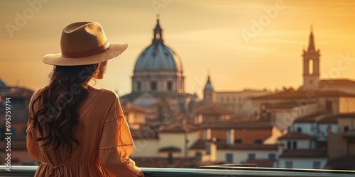 Capturing essence of italy. Mesmerizing shot young woman immerses herself in beauty of Italian city. Dressed in fashionable hat stands against backdrop of iconic European architecture © Wuttichai