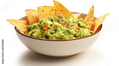 A delicious bowl of guacamole served with crispy tortilla chips. Perfect for parties and gatherings photo
