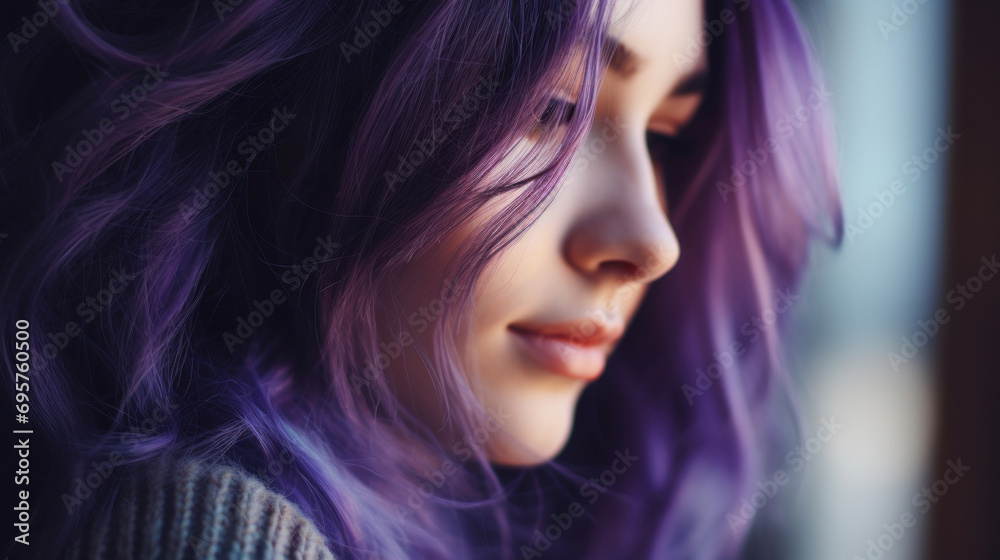 Portrait of a beautiful young woman with purple hair. Close-up. Portrait of a beautiful young woman with purple hair. Close-up.