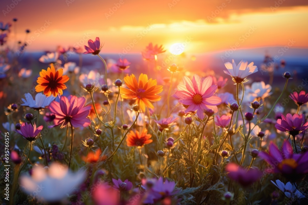 A picturesque scene of a field of flowers with the sun setting in the background. Ideal for nature and landscape enthusiasts