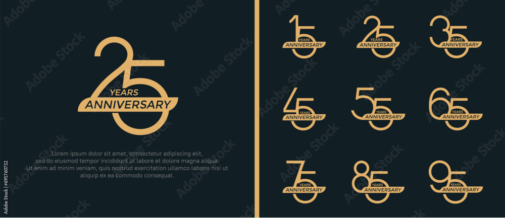 set of anniversary logo flat golden color and ribbon on black background for celebration moment - obrazy, fototapety, plakaty 