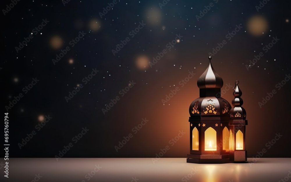 Happy Ramadan poster, copy space. Muslim holiday banner with shining golden islamic lantern, candles with stars on the dark background. De focus, reflection, bokeh. AI Generative.