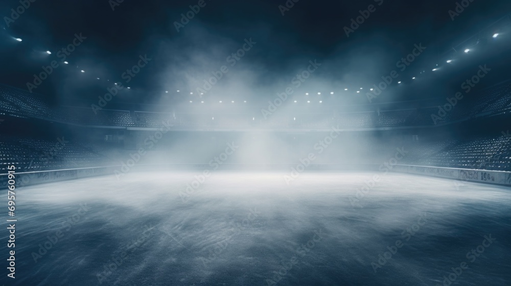 An image of an empty stadium with smoke billowing out of the stands. This picture can be used to depict a deserted or abandoned sports venue or to symbolize the aftermath of a fire or disaster