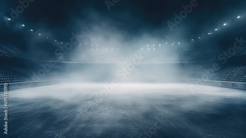 An image of an empty stadium with smoke billowing out of the stands. This picture can be used to depict a deserted or abandoned sports venue or to symbolize the aftermath of a fire or disaster photo