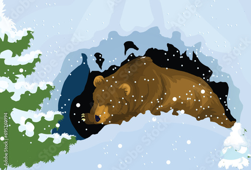 Bear sleeping inside den, Bear asleep in a burrow underground winter forest vector illustration