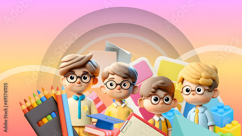 Back to School Background. Life Moments concept and the beginning of life for university students and professors with a group of new friends and seniors. Book, clock, crayon, school bag, 3D rendering