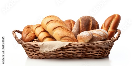 A basket filled with a variety of delicious bread. Perfect for bakery advertisements or food-related designs
