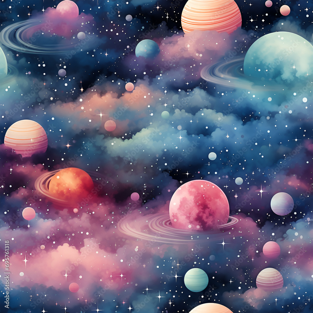 Fototapeta premium Dreamy galaxy patterns with stars, planets, and celestial elements in cute and pastel hues , Mystical Galaxy Digital Paper , Mystical Galaxy Seamless Pattern , generative AI illustration
