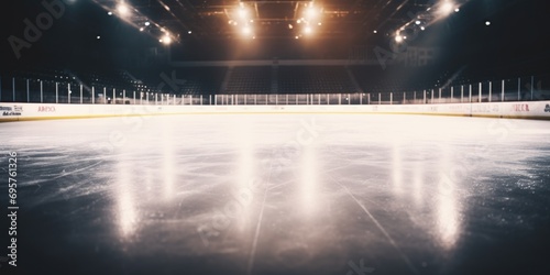 A hockey rink illuminated by bright lights. Perfect for sports enthusiasts and hockey fans.