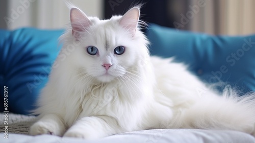 A fluffy white cat with striking blue eyes resting on a fluffy pillow, its serene expression and luxurious fur creating a scene of feline tranquility