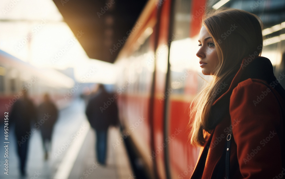 young and beautiful woman standing at railway platform