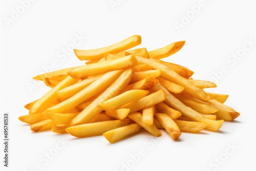 A pile of French fries on a white surface. Perfect for food-related projects and advertisements