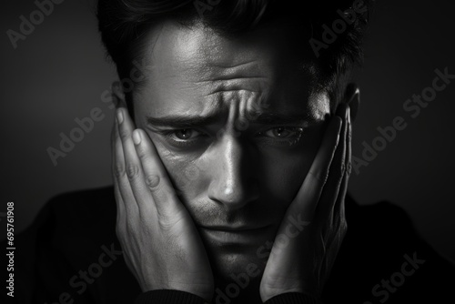A black and white photo of a man with his hands covering his face. Can be used to depict stress, frustration, or despair