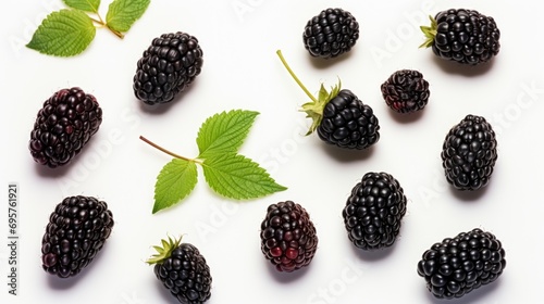 Fresh blackberries with leaves displayed on a clean white surface. Perfect for food and nutrition concepts