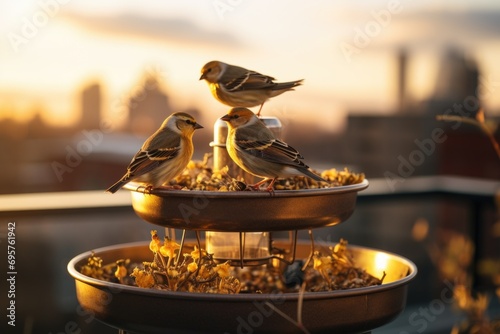 Two birds sitting on top of a bird feeder. Perfect for nature and birdwatching enthusiasts © Fotograf