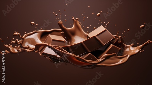 A chocolate bar is shown in mid-air, falling into a pool of melted chocolate. This image can be used to depict indulgence, temptation, or the process of making chocolate treats photo