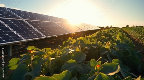 A field of green plants with a solar panel in the background. Suitable for environmental and renewable energy concepts photo