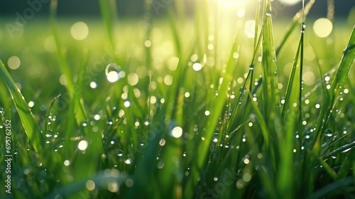 Water droplets glisten on blades of grass in this close-up shot. Perfect for nature or environmental themes