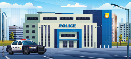 Police station building with patrol car on cityscape background. Police department office and city landscape cartoon illustration photo