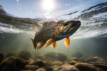 A brown trout swimming gracefully in clear water. Ideal for nature and wildlife enthusiasts