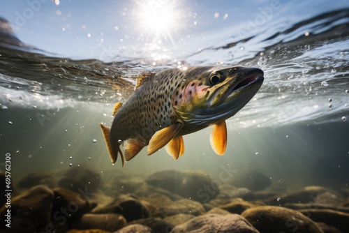 A brown trout swimming gracefully in clear water. Ideal for nature and wildlife enthusiasts photo